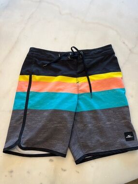 O'Neill Men’s Black Boardshorts with Yellow, Coral, Turquoise & Gray Stripes